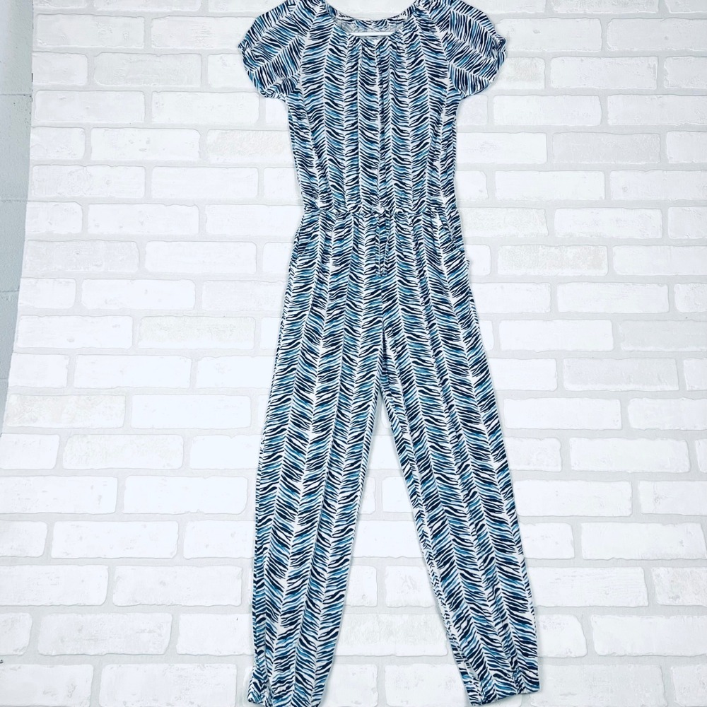 Old Navy‎ Girls Blue White Zebra Print Short Sleeve Jumpsuit Size L 10-12